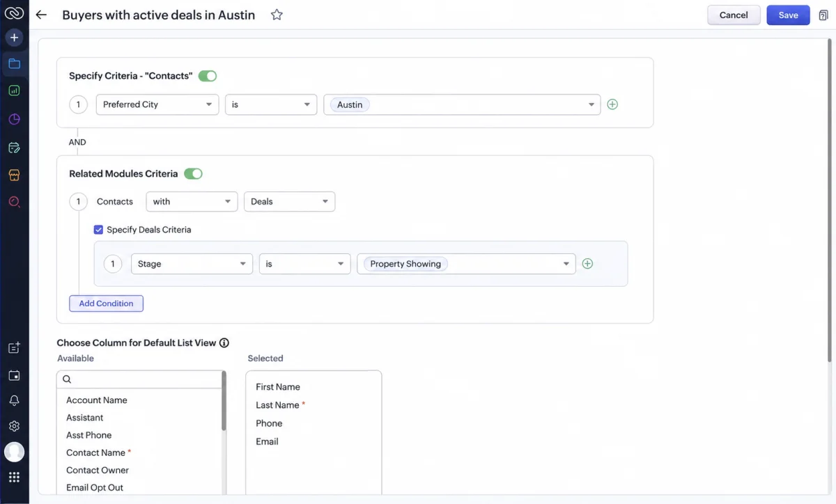 Zoho CRM cross module filter criteria built across a lookup relationship