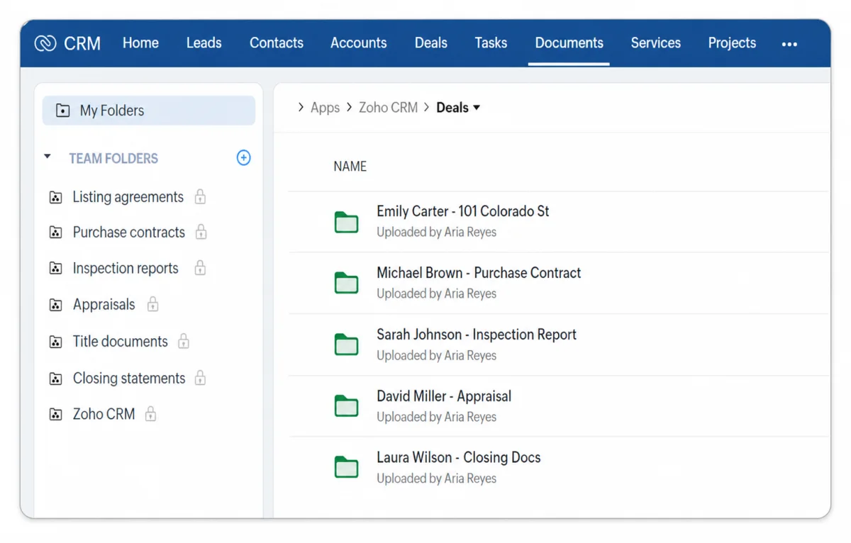 Document attached to a Zoho CRM deal record through the WorkDrive integration