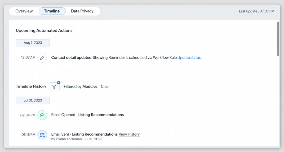 Zoho CRM history tab filtered by module, user, time and source