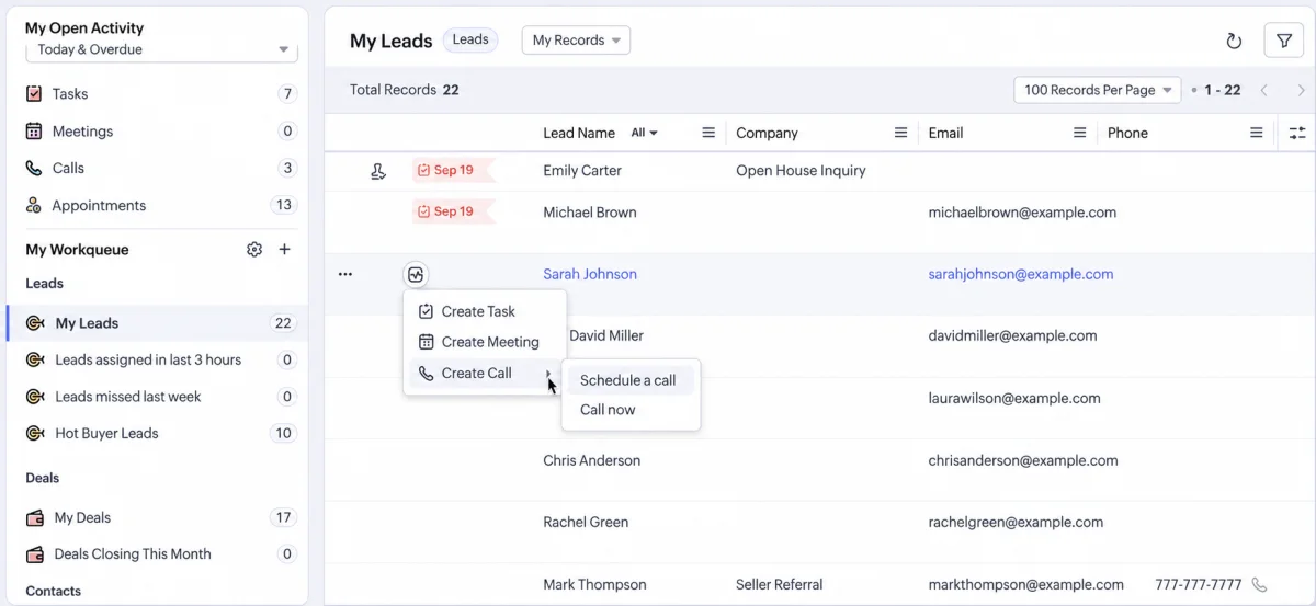 Zoho CRM open activity view with colour status indicators on each task