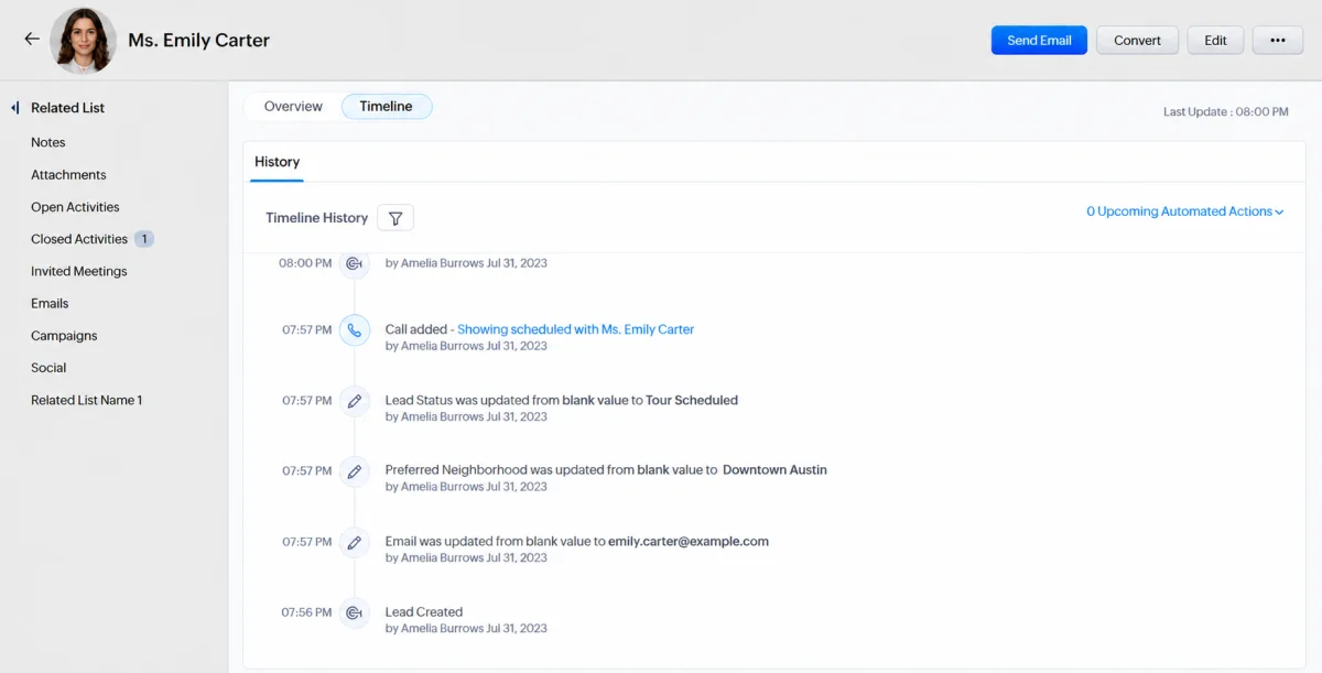 Zoho CRM timeline tab on a contact record showing chronological interaction history