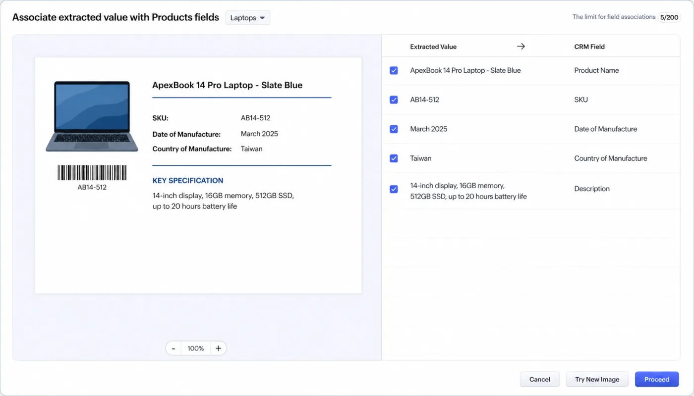 Zoho CRM post extraction validation screen showing extracted values such as product name, SKU, date of manufacture, country of manufacture, and description mapped to their matching CRM fields with checkboxes for review