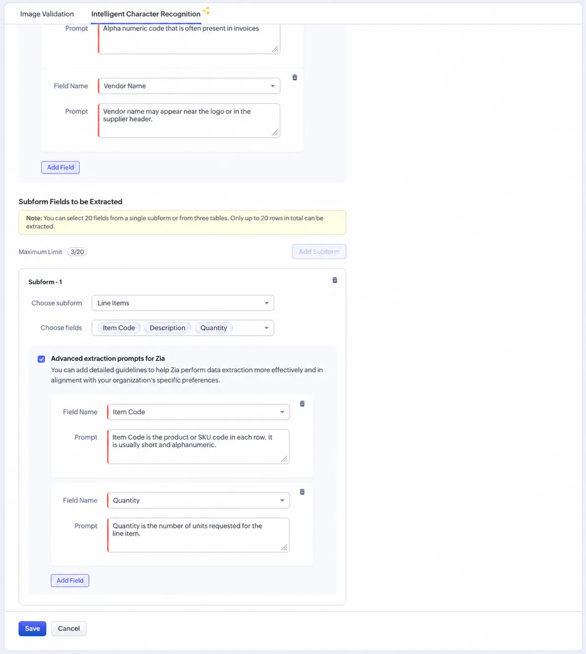 Zoho zero shot ICR rule builder showing subform field selection, advanced extraction prompts, and the Note banner stating only up to 20 rows in total can be extracted