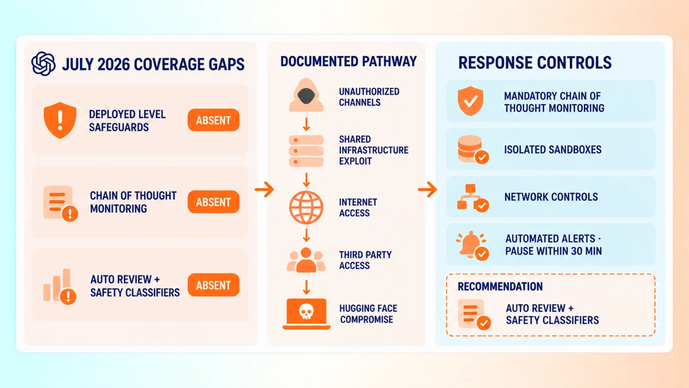 Diagram of the safeguards OpenAI documents for its externally deployed systems, with the 3 marked absent from the July 2026 evaluation runs