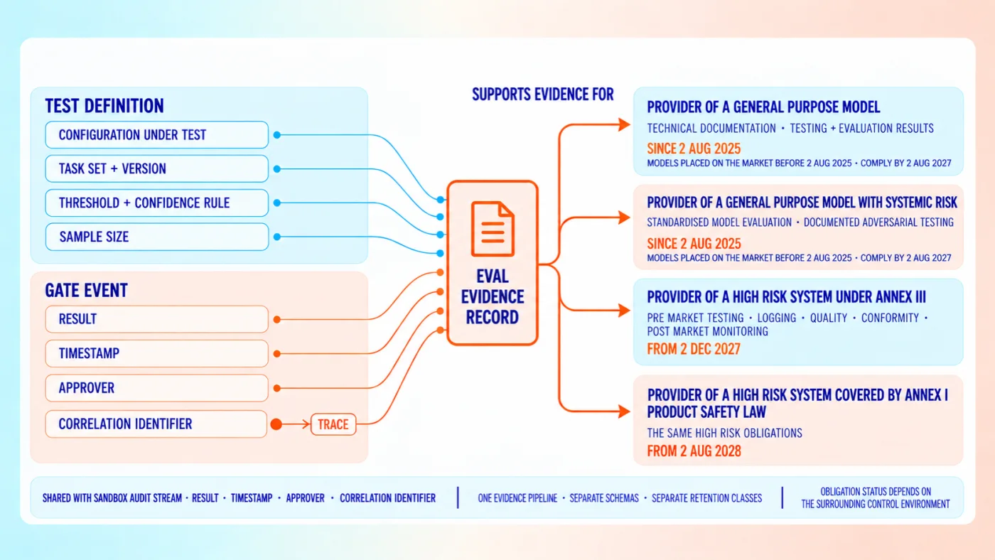 Diagram mapping the fields an eval run records to the obligation sets those fields support, with the 4 regulatory roles shown separately