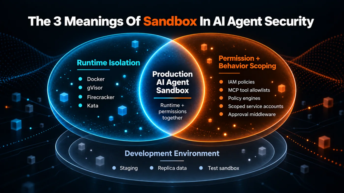 Venn diagram of the 3 meanings of sandbox in AI agent security showing Runtime Isolation, Permission and Behavior Scoping, and Development Environment as three circles, with the intersection of Runtime Isolation and Permission Scoping marked as the operative Production AI Agent Sandbox zone