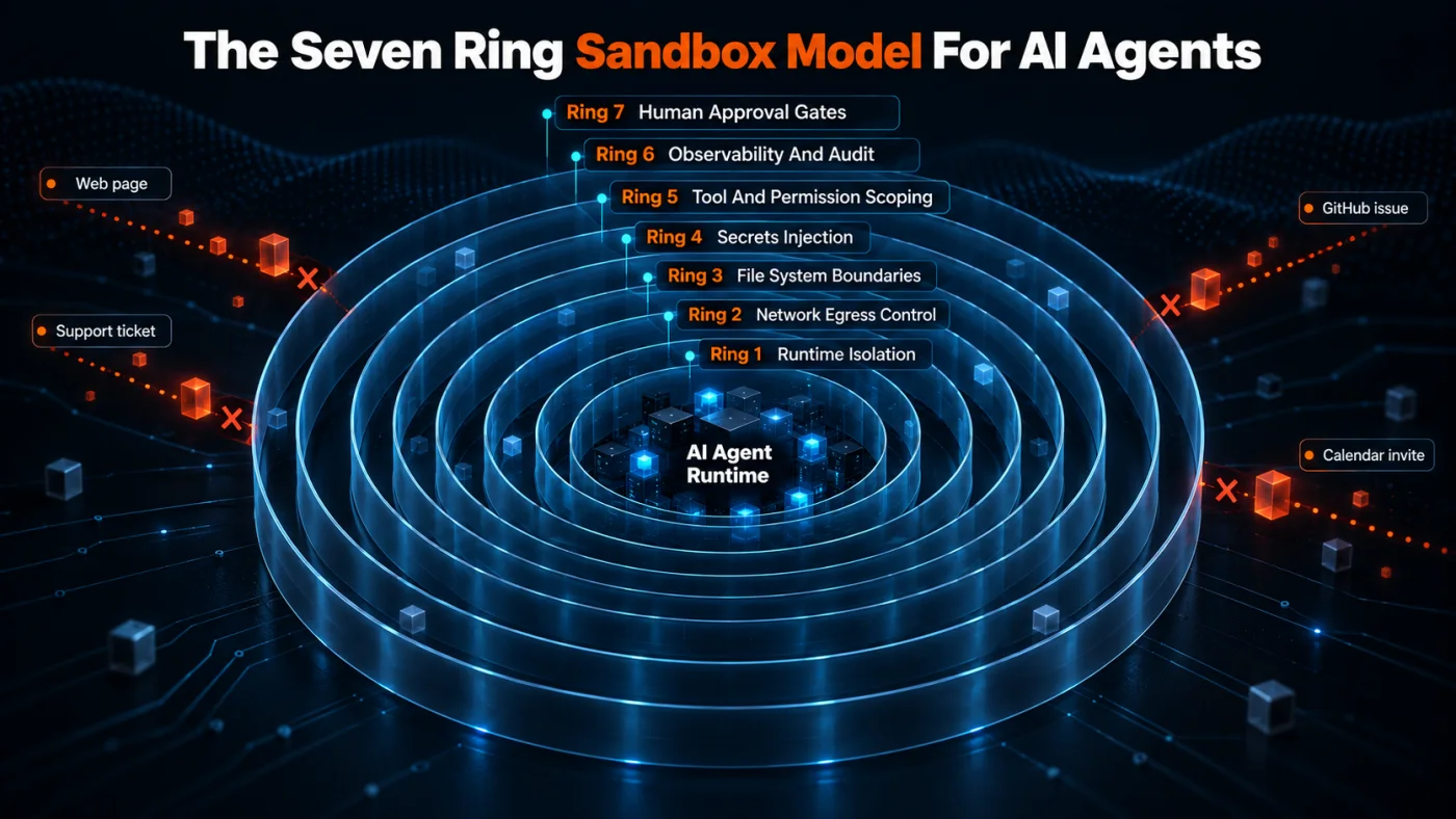 Concentric ring diagram showing the Seven Ring Sandbox Model For AI Agents with Runtime Isolation at the innermost ring and Human Approval Gates at the outermost, containing the AI agent runtime at the center