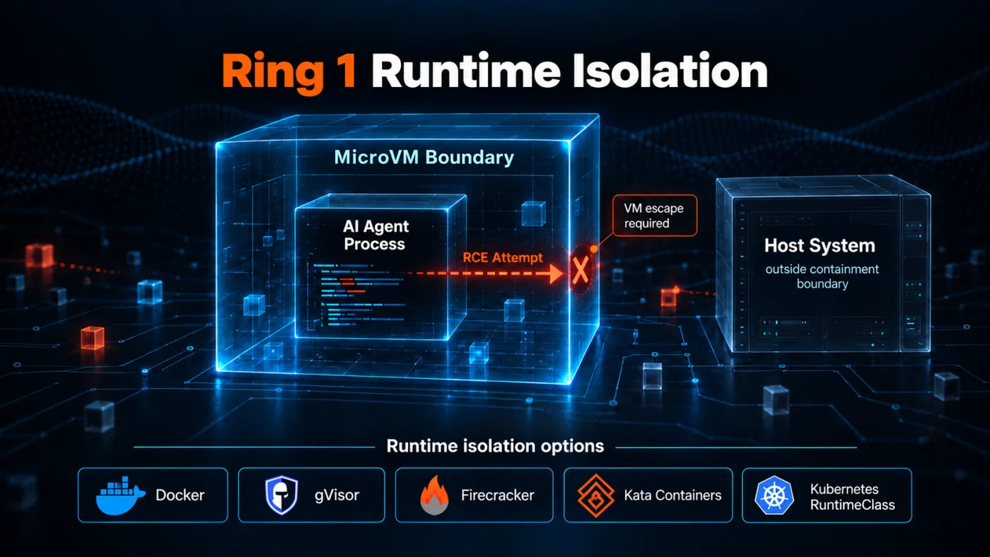 Diagram of Ring 1 runtime isolation showing an AI agent process contained inside a microVM boundary, with an RCE attempt stopped at the boundary while the host system stays outside the containment boundary