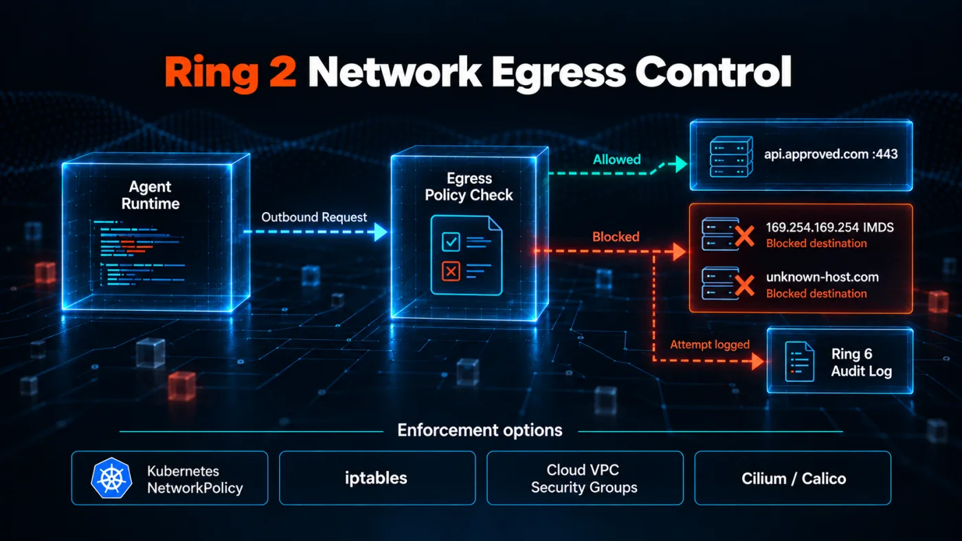 Diagram of Ring 2 network egress control showing an agent outbound request passing through an egress policy check, with the allowlisted destination reached and denied destinations including cloud metadata endpoints blocked