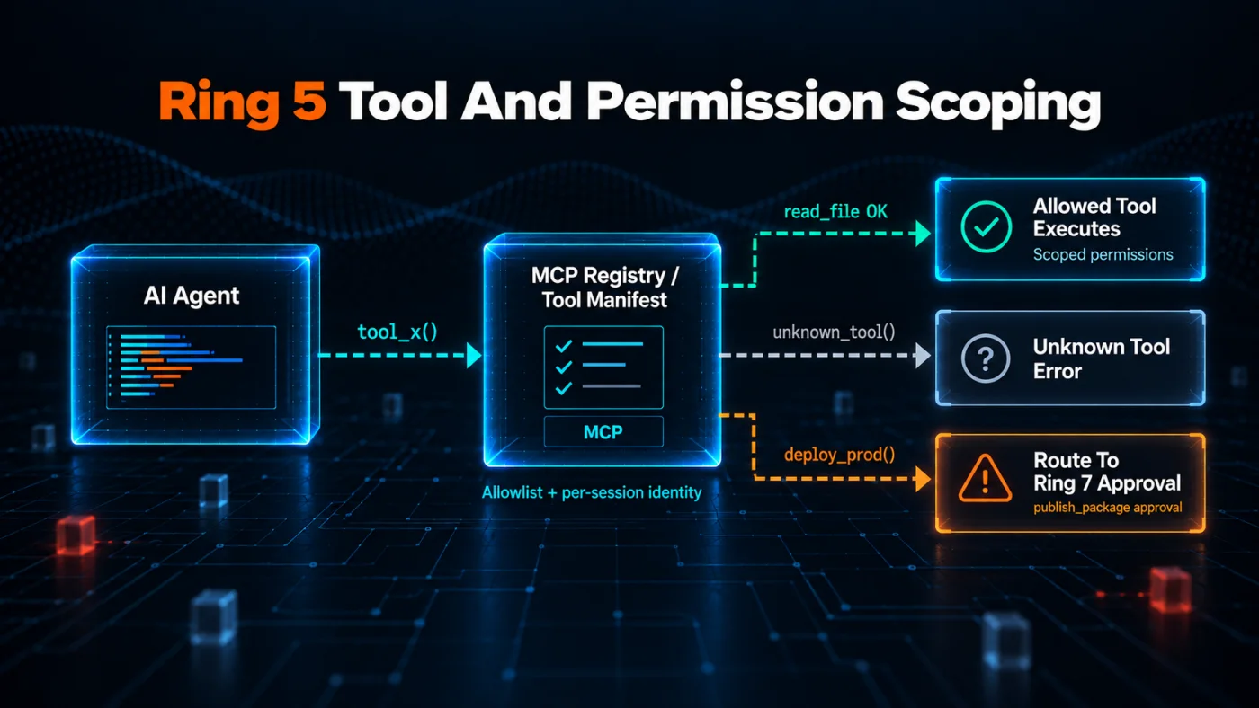 Diagram of Ring 5 tool and permission scoping showing an agent tool call passing through an MCP registry check, allowed tools executing with scoped permissions, unknown tools returning an error, and dangerous tools routing to Ring 7 approval
