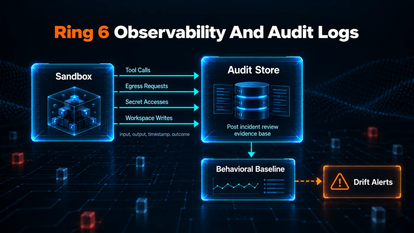 Diagram of Ring 6 observability and audit showing the sandbox emitting four signal streams to an audit store, tool calls, egress requests, brokered credential events, and workspace writes, with a behavioral baseline checker producing drift alerts