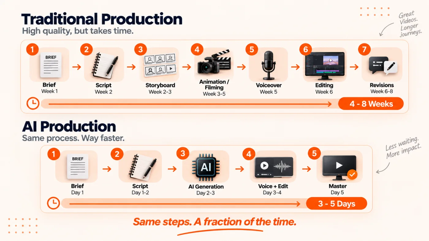 Side by side timeline comparing traditional 7 step explainer video production over 6 weeks versus AI production in 5 days