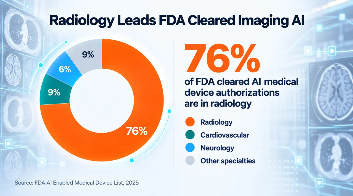 Artificial intelligence in medical imaging concentration in FDA authorizations by specialty through end of 2025, with radiology at 1,104 devices, cardiovascular and neurology forming a distant second tier, and the remaining specialties in a long tail