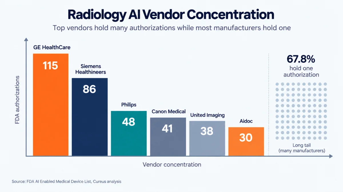 Vendor concentration in FDA cleared radiology AI authorizations, with the top six vendors holding the majority of authorizations and 67.8 percent of the 740 unique manufacturers holding only one authorized device each