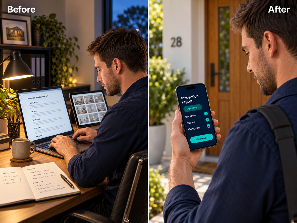 Before and after visual comparing an evening laptop report session against an afternoon in field sign off on the phone