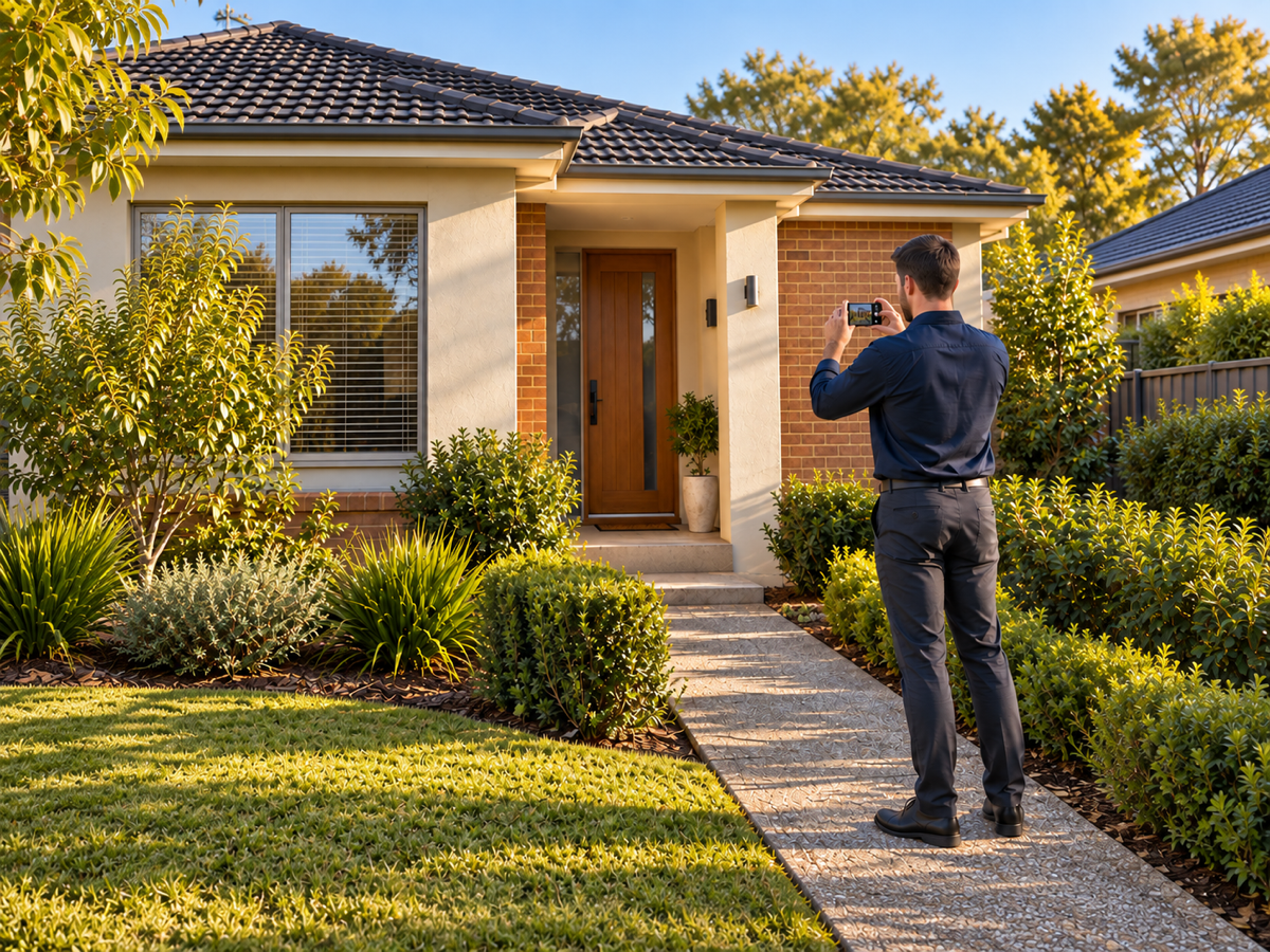 Australian suburban rental property with an inspector at the front door, phone raised, mid photograph