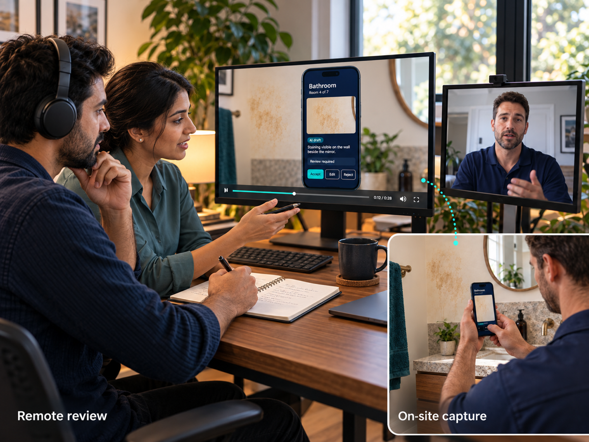 Split screen composite of a Clixlogix engineer reviewing a recorded inspection session alongside a video call with the inspector