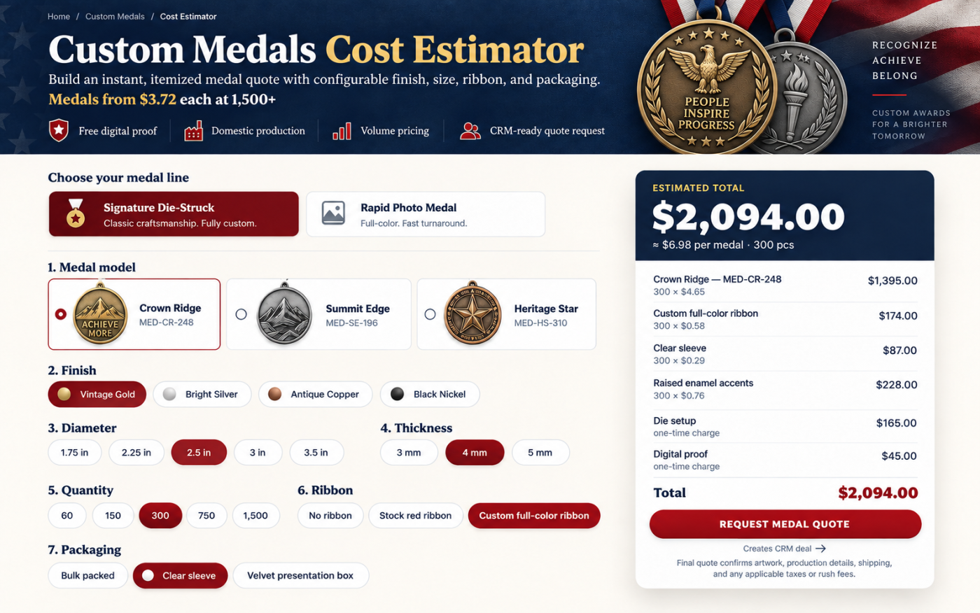 Custom medals cost estimator live on the customer site