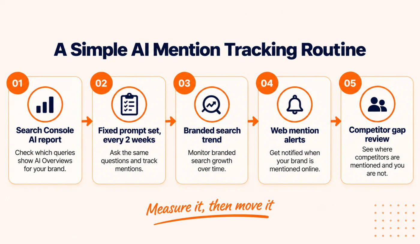 5 step workflow for tracking brand mentions in AI search, from Search Console report to competitor gap review