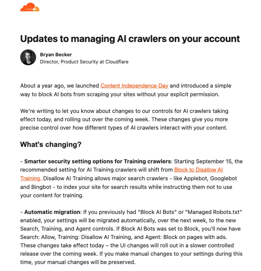 Cloudflare customer email dated 16 September 2026 titled Updates to managing AI crawlers on your account, describing the shift from Block to Disallow AI Training and the automatic migration of Block AI Bots settings