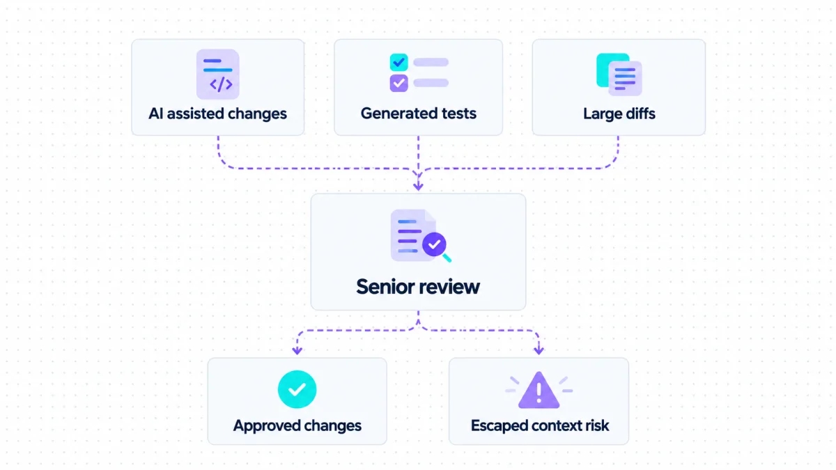 Review fatigue funnel showing generated code volume narrowing to the share reviewers can actually read closely.