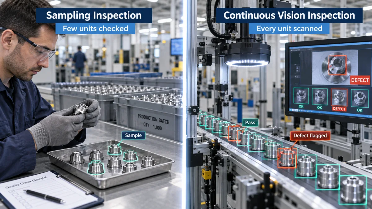 Split realistic industrial comparison showing manual sampling inspection of a few machined parts from a larger batch on the left and continuous computer vision inspection scanning every part on a conveyor with pass and defect overlays on the right