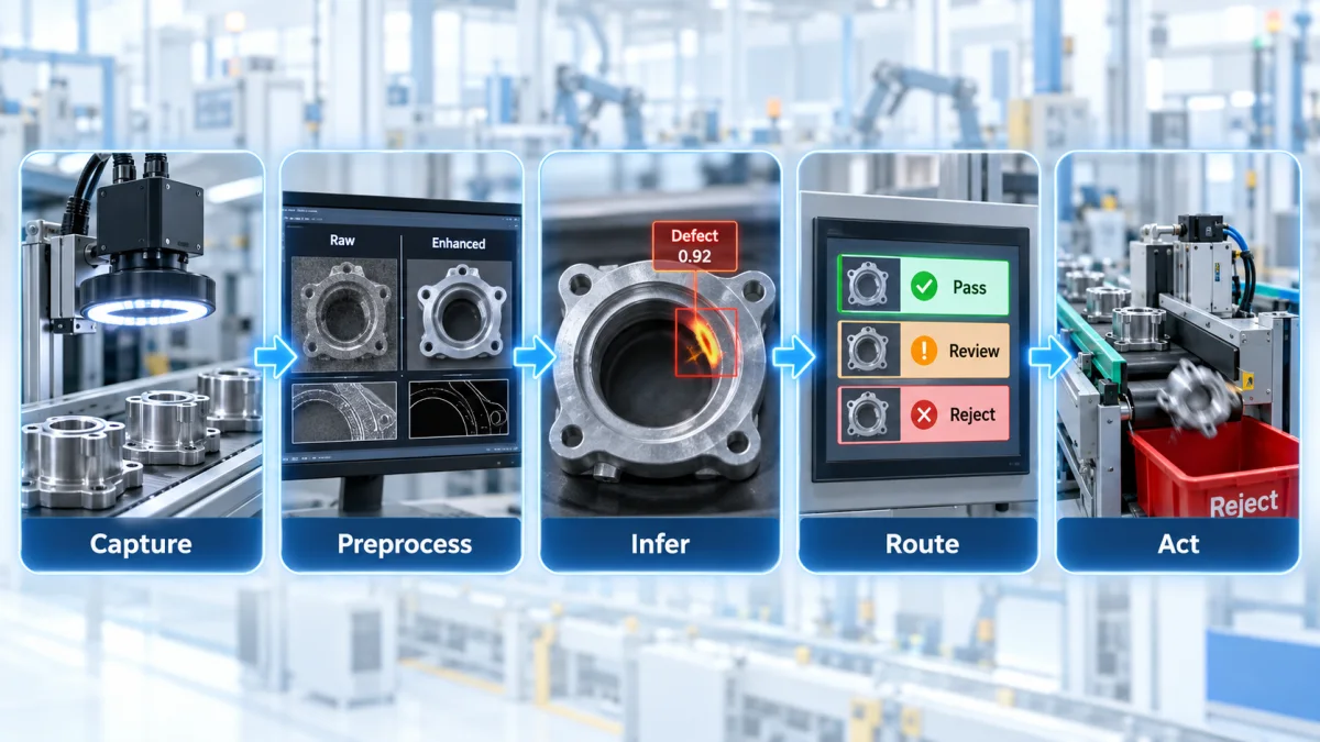 Flow diagram with realistic industrial cutout cards showing the five stages of a computer vision defect detection pipeline: capture, preprocess, infer, route, and act
