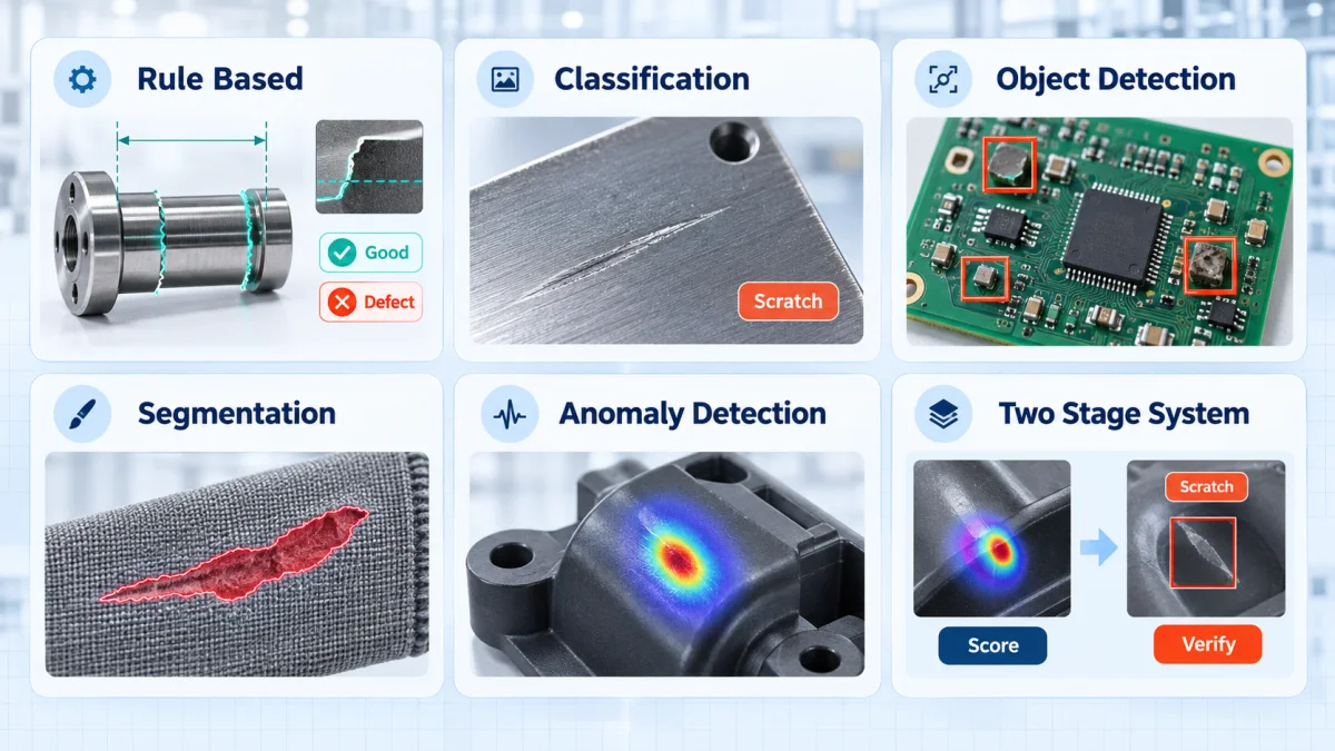 Six card visual explainer combining minimal icons with realistic industrial cutouts to show rule based image processing, classification, object detection, segmentation, anomaly detection, and two stage systems with their output shapes