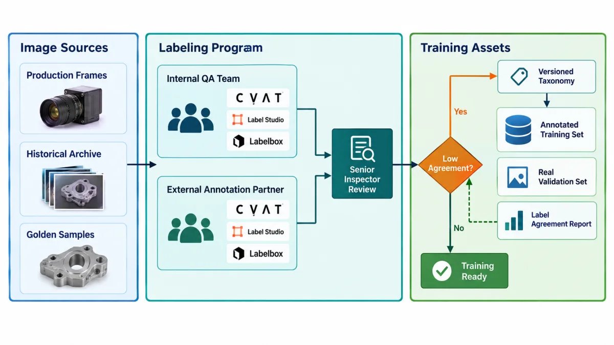 Labeling program architecture diagram showing image sources, internal QA team, external annotation partner, senior inspector review, low agreement review, versioned taxonomy, annotated training set, real validation set, and label agreement report