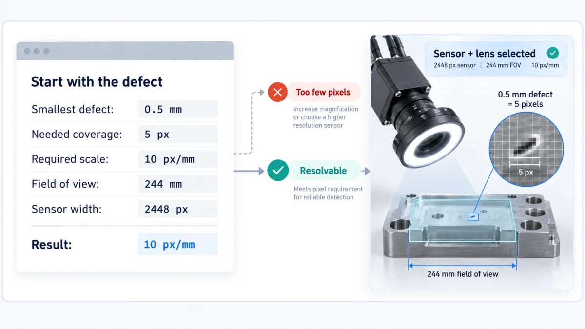 Camera math UI explainer showing smallest defect size, needed pixel coverage, required pixels per millimetre, field of view, sensor width, and selected industrial camera and lens