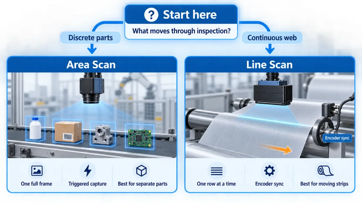 Blue technical decision diagram starting with what moves through inspection, then routing discrete parts to area scan and continuous web materials to line scan with camera cutouts, frame capture, triggered capture, scan line, and encoder sync