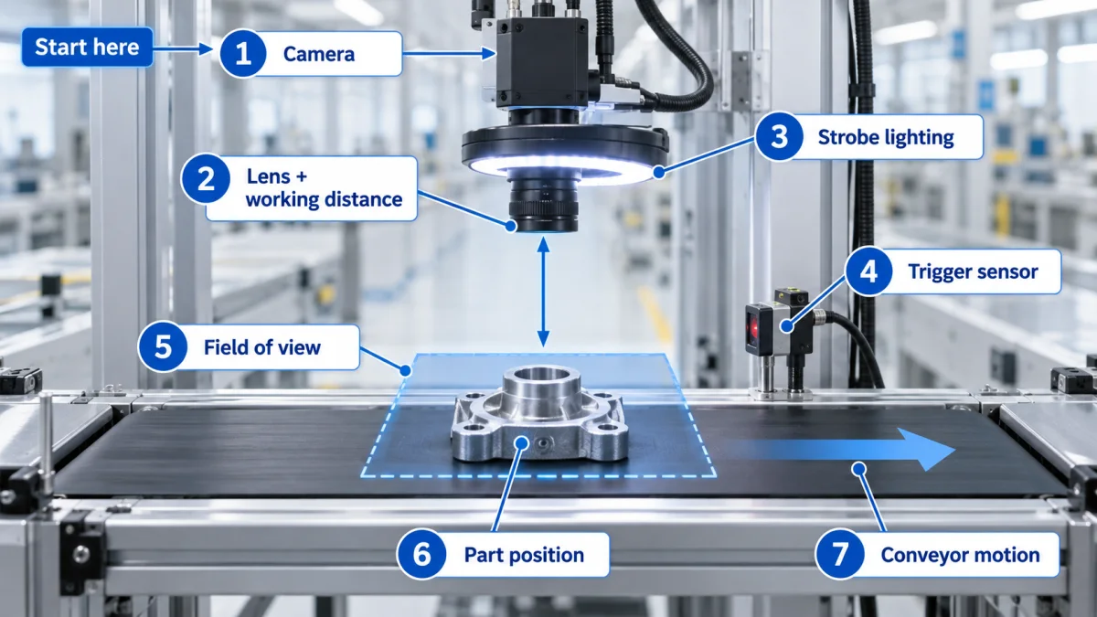 Simplified industrial imaging setup with a clear start-here path and numbered callouts for camera, lens working distance, strobe lighting, trigger sensor, field of view, part position, and conveyor motion