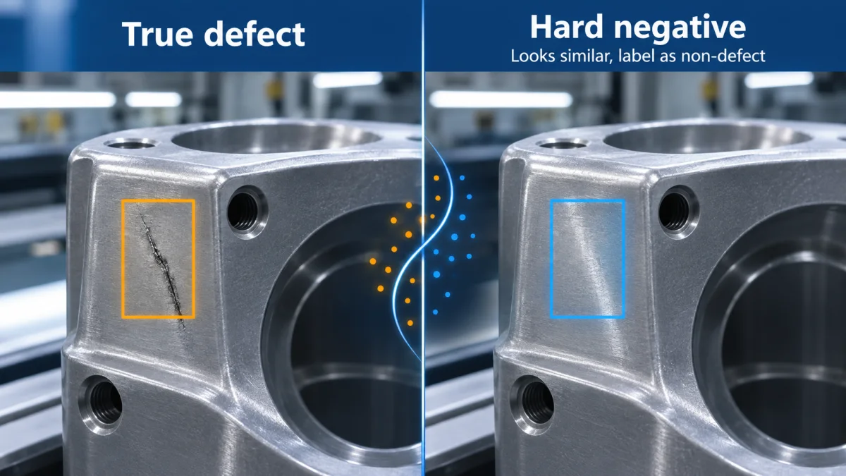 Side by side realistic industrial comparison showing a true surface defect beside a visually similar hard negative labeled as non-defect to teach the model boundary