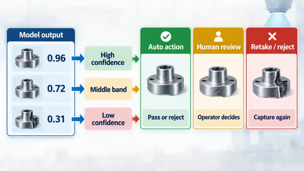 Architecture style confidence routing diagram showing model output scores flowing into high confidence auto action middle band human review and low confidence retake or reject buckets