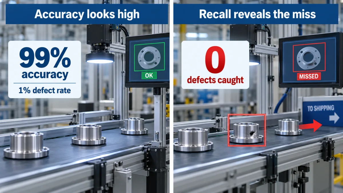 Split realistic industrial scene showing high accuracy on a rare defect line contrasted with zero defects caught and a missed defective part heading to shipping