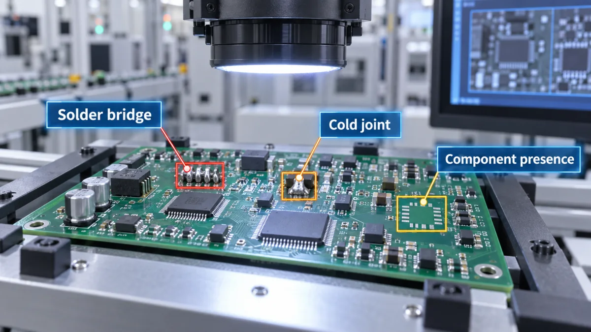 Realistic PCB inspection station with camera lighting and labelled overlays for solder bridge cold joint and component presence checks