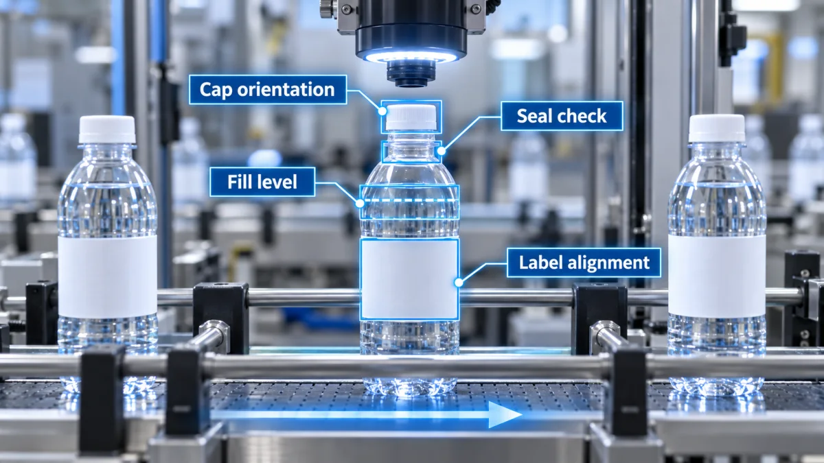 Realistic bottle inspection station with labelled checks for cap orientation seal check label alignment and fill level