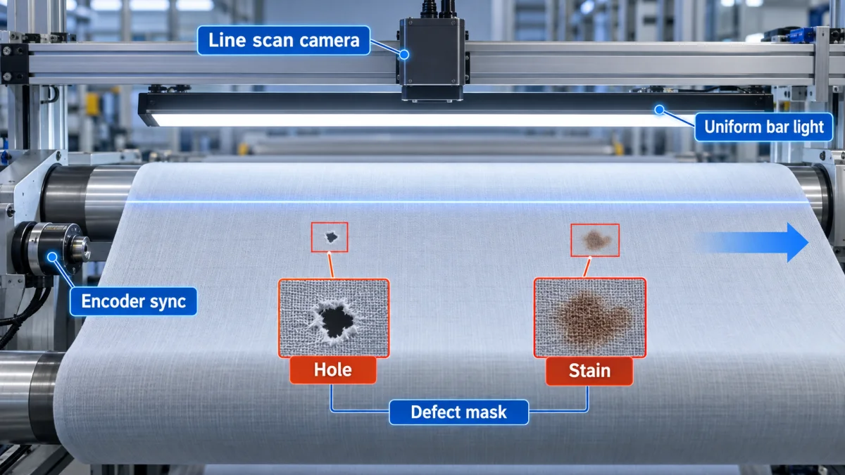 Realistic line scan textile inspection setup with line scan camera uniform bar light encoder sync and defect mask callouts