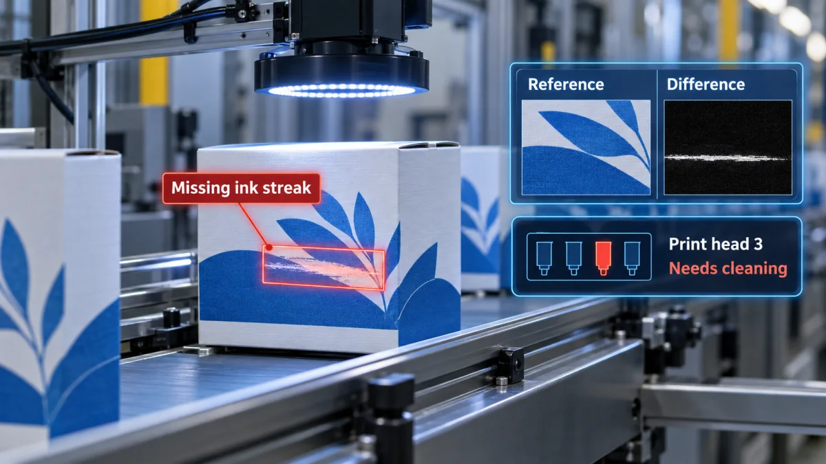 Realistic print inspection station showing missing ink streak reference difference panel and print head cleaning attribution