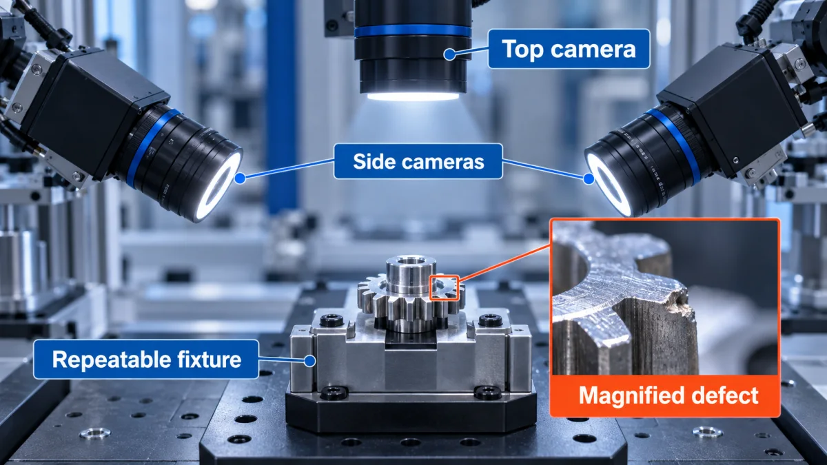 Realistic small part inspection cell with top camera side cameras repeatable fixture and magnified defect callout
