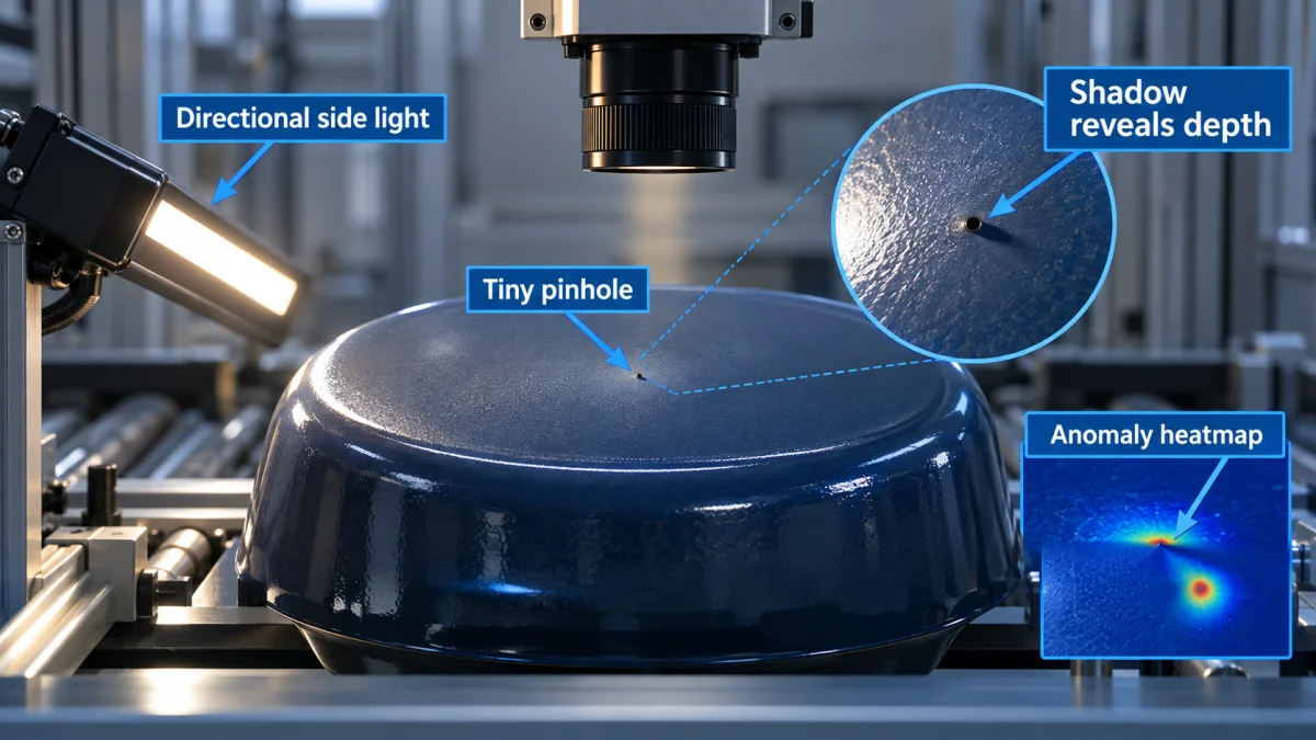 Realistic coating inspection station showing directional side light tiny pinhole shadow and anomaly heatmap callouts