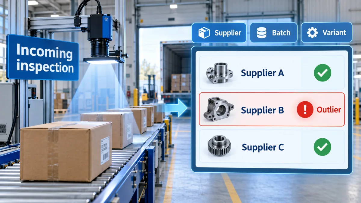 Realistic incoming inspection scene showing goods scanned by a vision camera and grouped supplier batch and variant dashboard with Supplier B marked as an outlier