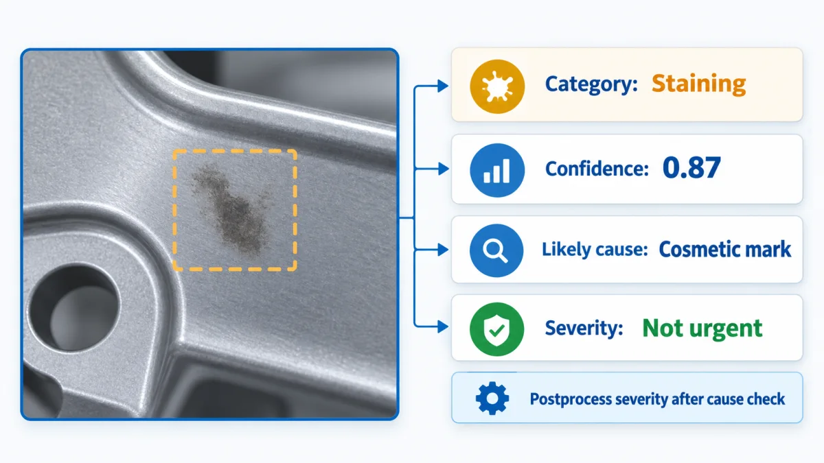 Worked example UI showing an inspected stain with separate fields for category confidence likely cause and severity after postprocessing