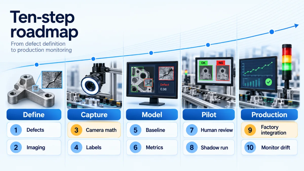 Stripe inspired ten step roadmap with five stage columns for define capture model pilot and production using industrial cutouts and highlighted camera math and factory integration steps