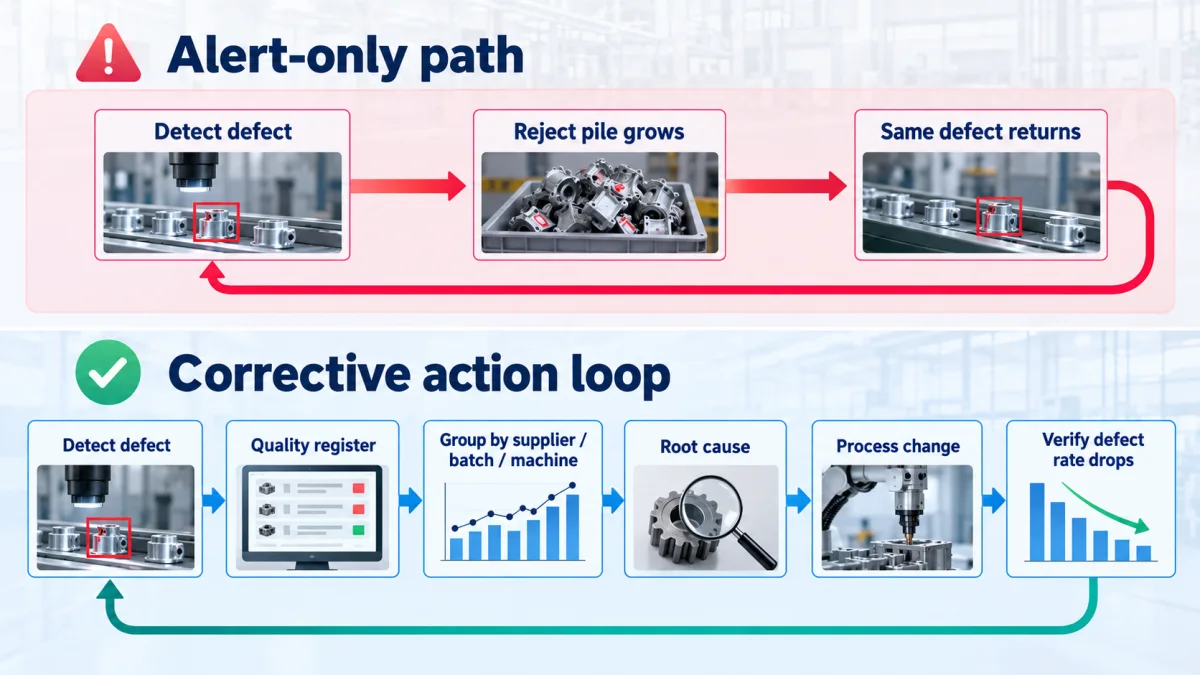 Sad path and corrective action loop diagram showing alert-only rejection compared with detection feeding quality register grouping root cause process change and defect rate verification