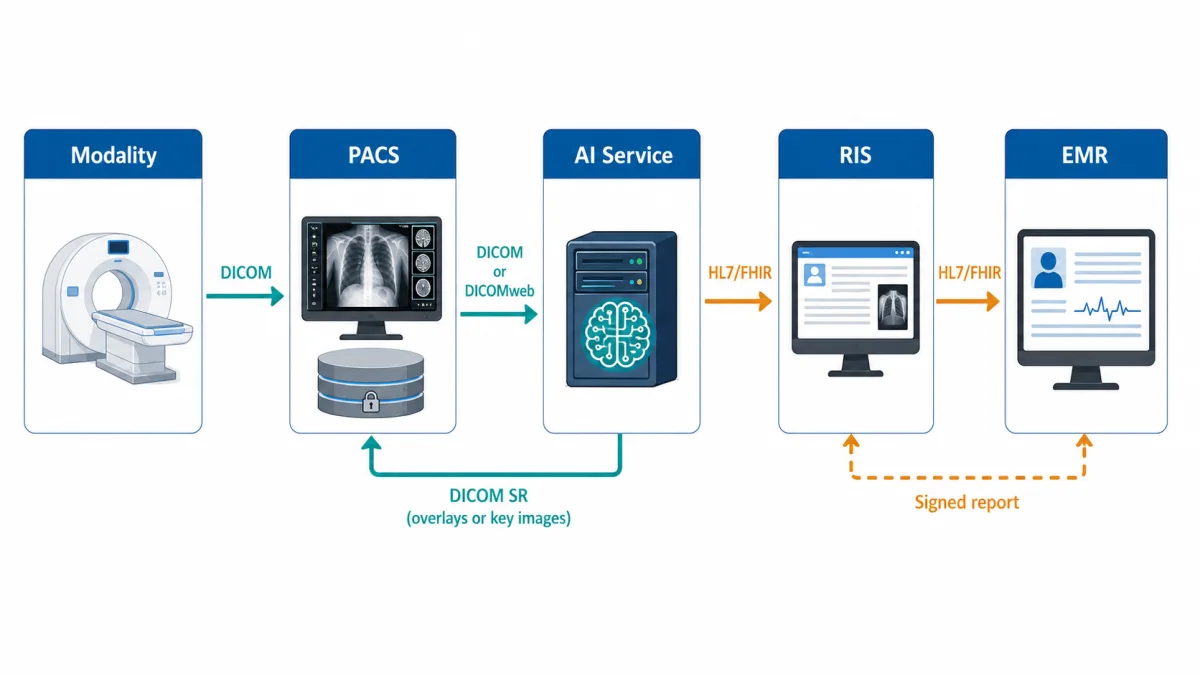Architecture flow showing modality to PACS, AI service, DICOM results, RIS, reporting stack, and EMR