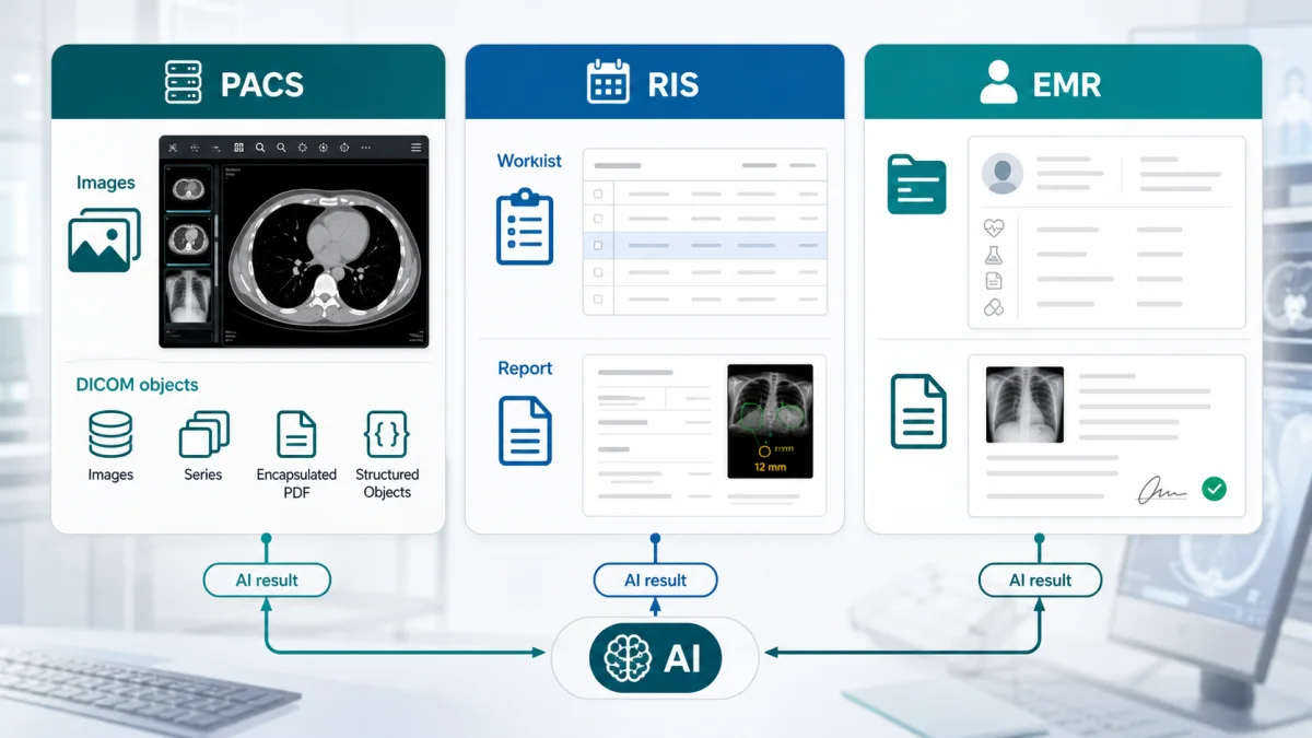 Ownership map for PACS, RIS, EMR, and AI platform in radiology AI integration