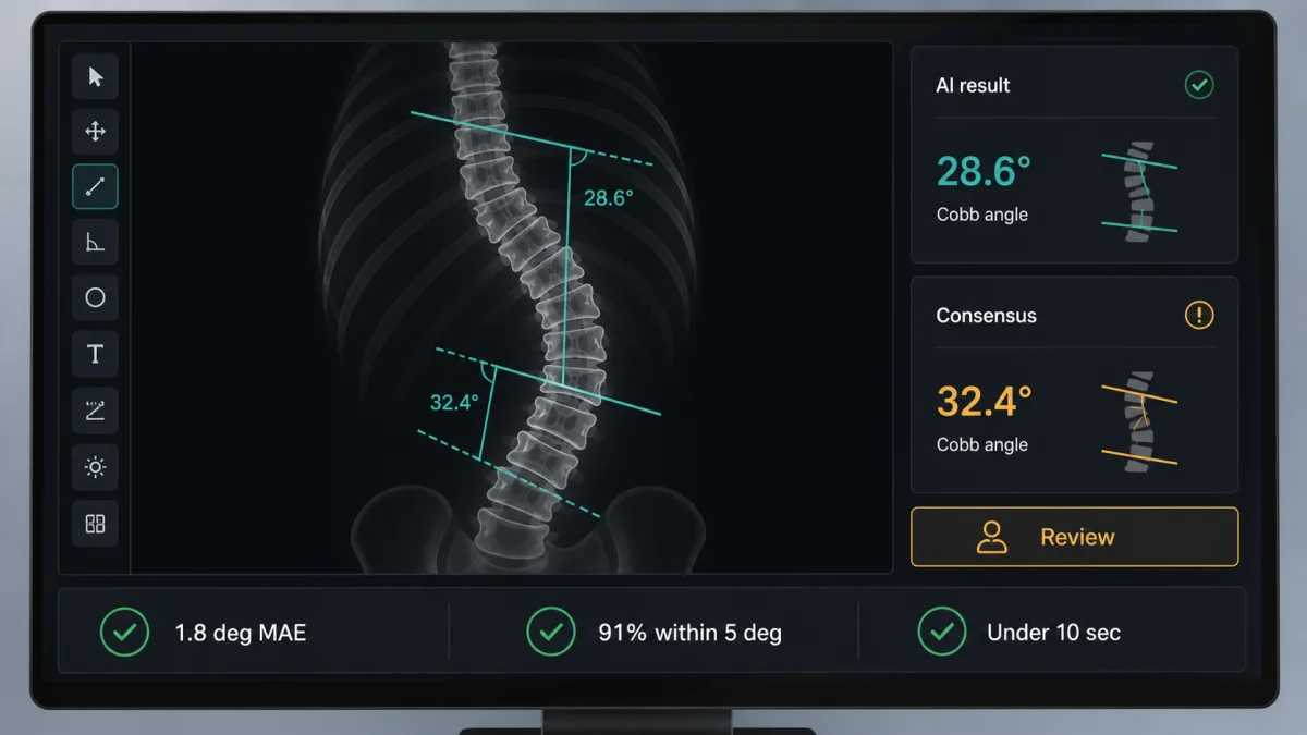 Cobb angle AI integration results with accuracy, latency, turnaround, and template completeness