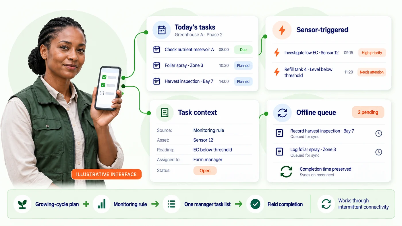 Manager task list combining plan generated and sensor triggered tasks on a single surface
