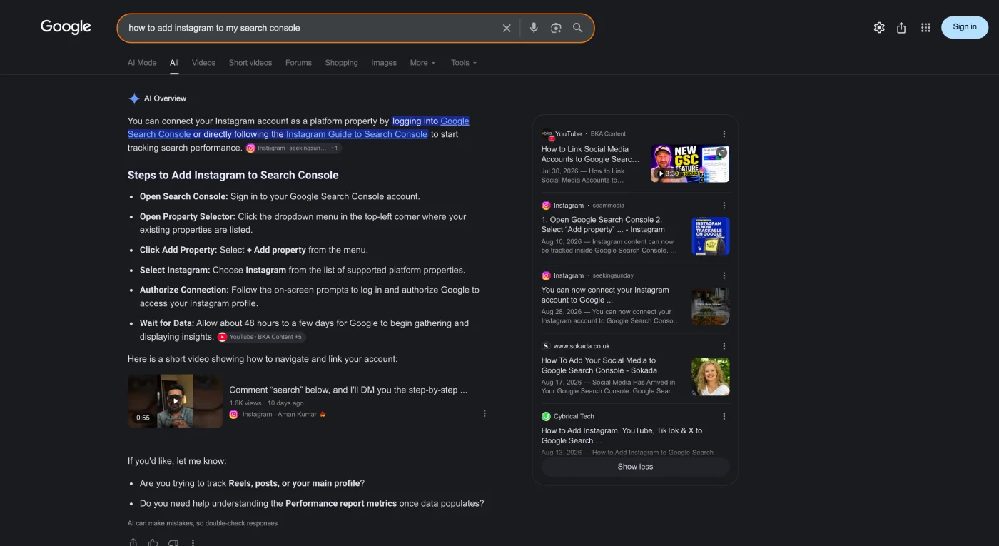 Google AI Overview citing YouTube and Instagram as top sources for search console query